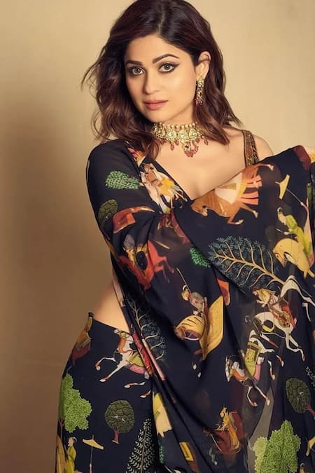 Shop_Rajat K Tangri_Black Embroidery Scoop Neck Mughal Print Pre-draped Saree Set 