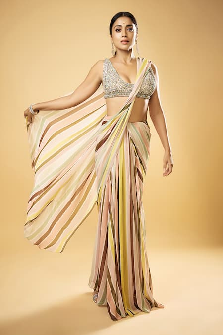 Rajat K Tangri_Multi Color Crepe, Georgette Crystals Plunge Neck Embellished Pre-draped Saree _Online_at_Aza_Fashions