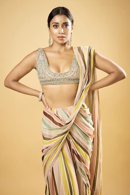 Buy_Rajat K Tangri_Multi Color Crepe, Georgette Crystals Plunge Neck Embellished Pre-draped Saree _Online_at_Aza_Fashions