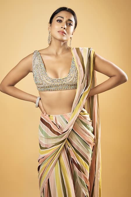 Shop_Rajat K Tangri_Multi Color Crepe, Georgette Crystals Plunge Neck Embellished Pre-draped Saree _Online_at_Aza_Fashions