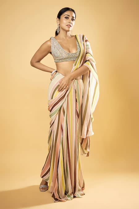 Rajat K Tangri_Multi Color Crepe, Georgette Crystals Plunge Neck Embellished Pre-draped Saree _at_Aza_Fashions