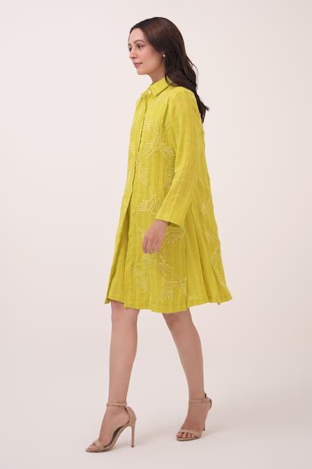 Ruchi Marodia Yellow Cotton Embroidery Collared Checks Dress Online at Aza Fashions Ruchi Marodia_Yellow Cotton Embroidery Collared Checks Dress _Online_at_Aza_Fashions