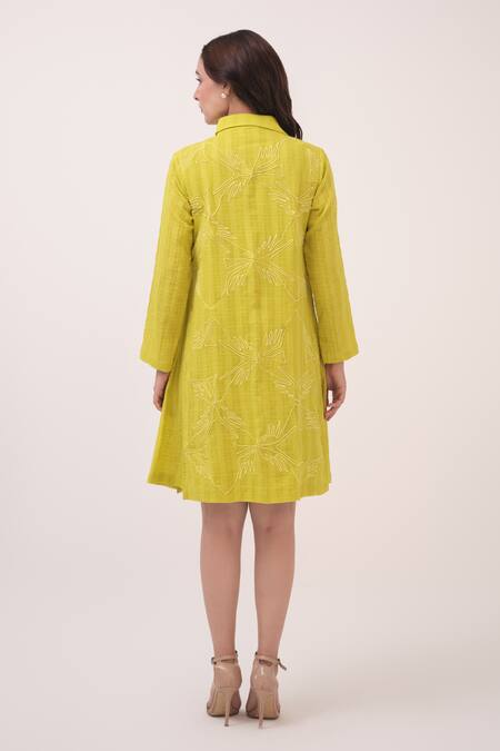 Shop Ruchi Marodia Yellow Cotton Embroidery Collared Checks Dress at Aza Fashions Shop_Ruchi Marodia_Yellow Cotton Embroidery Collared Checks Dress _at_Aza_Fashions
