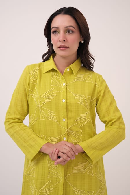 Shop Ruchi Marodia Yellow Cotton Embroidery Collared Checks Dress Online at Aza Fashions Shop_Ruchi Marodia_Yellow Cotton Embroidery Collared Checks Dress _Online_at_Aza_Fashions