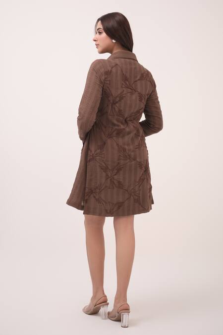 Shop Ruchi Marodia Brown Cotton Embroidery Collared Dark Checks Dress at Aza Fashions Shop_Ruchi Marodia_Brown Cotton Embroidery Collared Dark Checks Dress _at_Aza_Fashions
