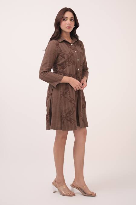 Ruchi Marodia Brown Cotton Embroidery Collared Dark Checks Dress Online at Aza Fashions Ruchi Marodia_Brown Cotton Embroidery Collared Dark Checks Dress _Online_at_Aza_Fashions