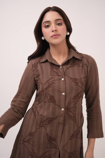 Buy Ruchi Marodia Brown Cotton Embroidery Collared Dark Checks Dress Online at Aza Fashions Buy_Ruchi Marodia_Brown Cotton Embroidery Collared Dark Checks Dress _Online_at_Aza_Fashions