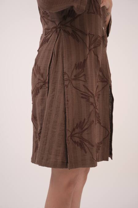 Shop Ruchi Marodia Brown Cotton Embroidery Collared Dark Checks Dress Online at Aza Fashions Shop_Ruchi Marodia_Brown Cotton Embroidery Collared Dark Checks Dress _Online_at_Aza_Fashions
