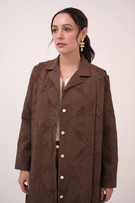 Shop Ruchi Marodia Brown Embroidery Collared Dark Herringbone Jacket Online at Aza Fashions Shop_Ruchi Marodia_Brown Embroidery Collared Dark Herringbone Jacket _Online_at_Aza_Fashions