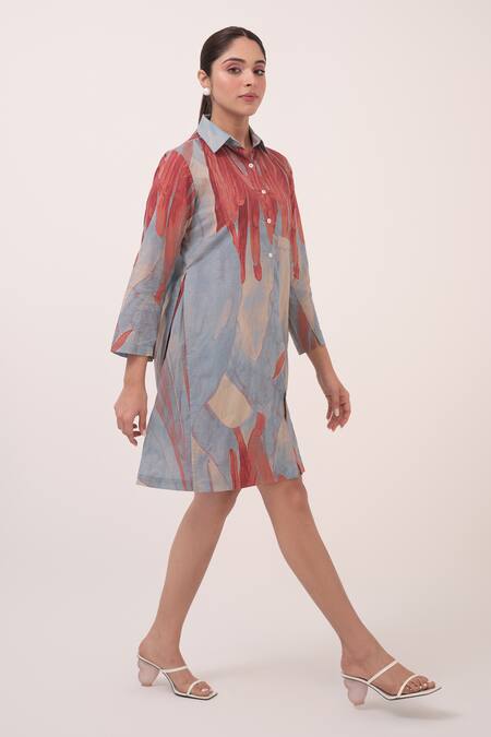 Ruchi Marodia Teal Cotton Collared Printed Designer Dress Online at Aza Fashions Ruchi Marodia_Teal Cotton Collared Printed Designer Dress _Online_at_Aza_Fashions