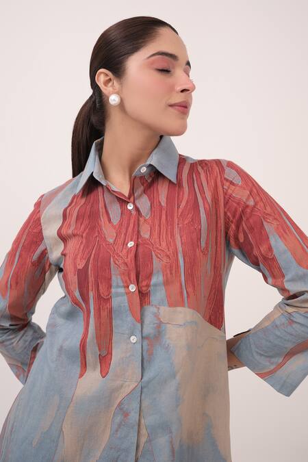 Shop Ruchi Marodia Teal Cotton Collared Printed Designer Dress Online at Aza Fashions Shop_Ruchi Marodia_Teal Cotton Collared Printed Designer Dress _Online_at_Aza_Fashions