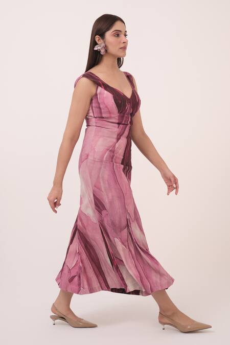 Buy Ruchi Marodia Pink Denim V-neck Mulberry Designer Midi Dress Online at Aza Fashions Buy_Ruchi Marodia_Pink Denim V-neck Mulberry Designer Midi Dress _Online_at_Aza_Fashions