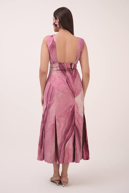 Shop Ruchi Marodia Pink Denim V-neck Mulberry Designer Midi Dress at Aza Fashions Shop_Ruchi Marodia_Pink Denim V-neck Mulberry Designer Midi Dress _at_Aza_Fashions