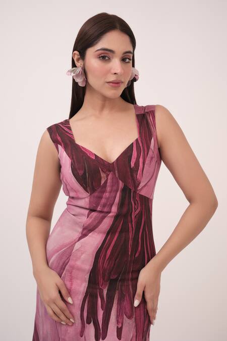 Shop Ruchi Marodia Pink Denim V-neck Mulberry Designer Midi Dress Online at Aza Fashions Shop_Ruchi Marodia_Pink Denim V-neck Mulberry Designer Midi Dress _Online_at_Aza_Fashions