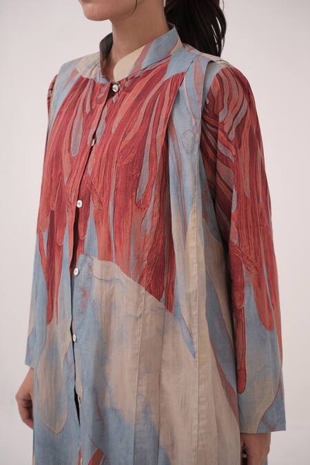 Ruchi Marodia_Blue Cotton Round Neck Abstract Print Long Jacket_Online_at_Aza_Fashions