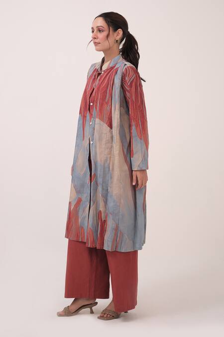 Shop_Ruchi Marodia_Blue Cotton Round Neck Abstract Print Long Jacket_Online_at_Aza_Fashions