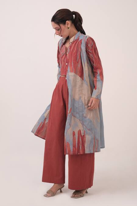 Ruchi Marodia_Blue Cotton Round Neck Abstract Print Long Jacket_at_Aza_Fashions