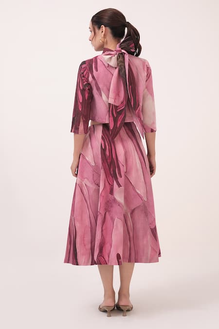 Shop Ruchi Marodia Pink Hemp High Neck Floral Print Crop Top And Skirt Set at Aza Fashions Shop_Ruchi Marodia_Pink Hemp High Neck Floral Print Crop Top And Skirt Set _at_Aza_Fashions