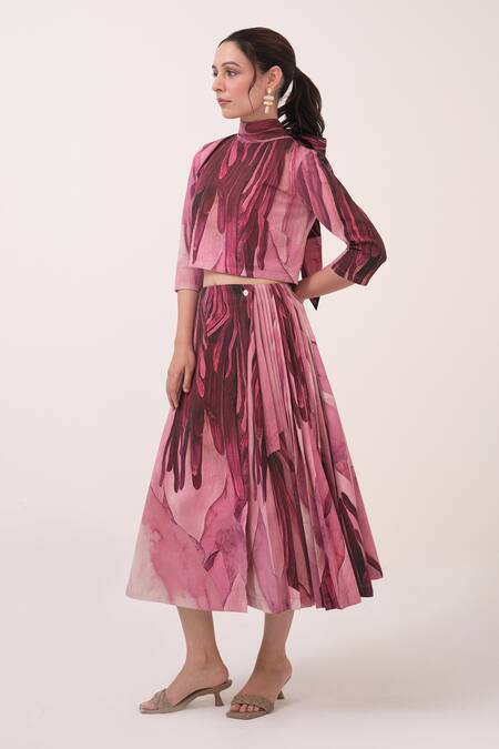Buy Ruchi Marodia Pink Hemp High Neck Floral Print Crop Top And Skirt Set Online at Aza Fashions Buy_Ruchi Marodia_Pink Hemp High Neck Floral Print Crop Top And Skirt Set _Online_at_Aza_Fashions