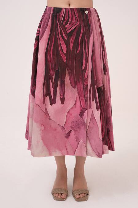 Shop Ruchi Marodia Pink Hemp High Neck Floral Print Crop Top And Skirt Set Online at Aza Fashions Shop_Ruchi Marodia_Pink Hemp High Neck Floral Print Crop Top And Skirt Set _Online_at_Aza_Fashions