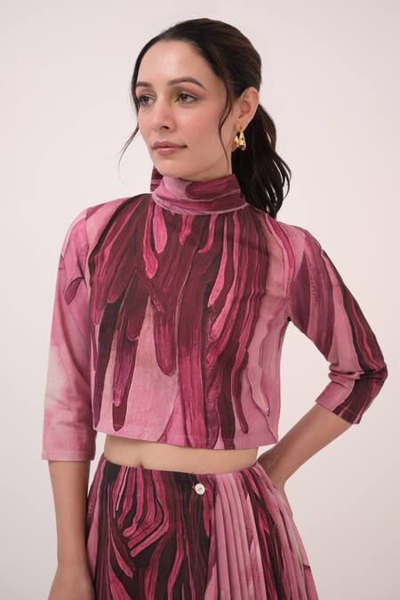 Ruchi Marodia Pink Hemp High Neck Floral Print Crop Top And Skirt Set at Aza Fashions Ruchi Marodia_Pink Hemp High Neck Floral Print Crop Top And Skirt Set _at_Aza_Fashions