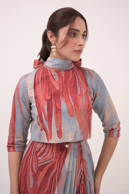 Shop Ruchi Marodia Multi Color Bows High Neck Herringbone Skirt Set Online at Aza Fashions Shop_Ruchi Marodia_Multi Color Bows High Neck Herringbone Skirt Set _Online_at_Aza_Fashions