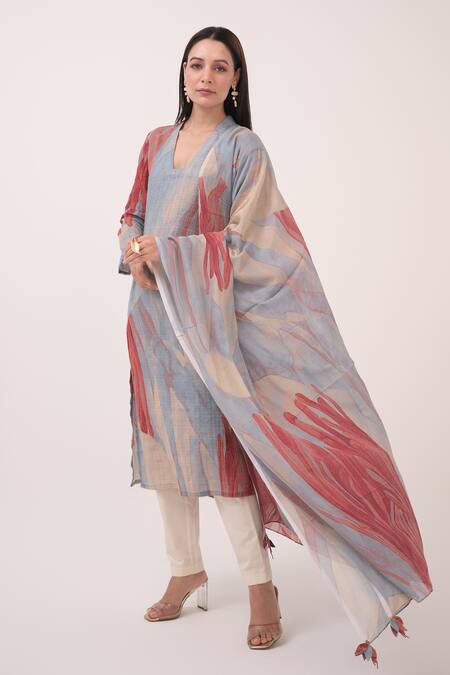 Buy_Ruchi Marodia_Blue Chanderi, Cotton Printed Kurta Set _Online_at_Aza_Fashions