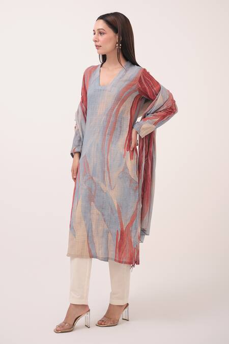 Shop_Ruchi Marodia_Blue Chanderi, Cotton Printed Kurta Set _Online_at_Aza_Fashions