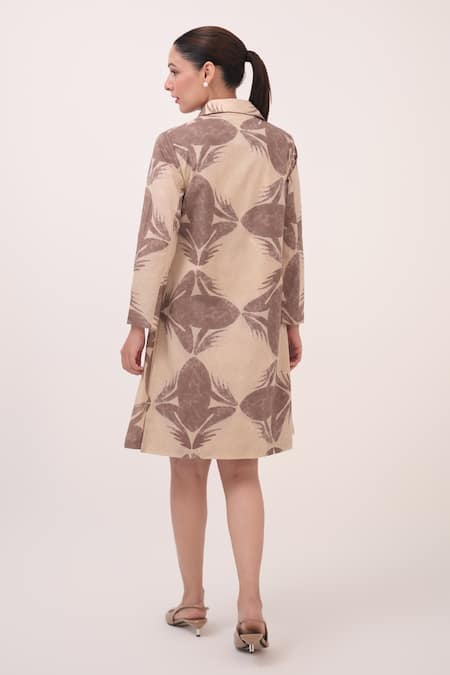 Shop Ruchi Marodia Beige Cotton Collared And Brown Leaf Print Dress at Aza Fashions Shop_Ruchi Marodia_Beige Cotton Collared And Brown Leaf Print Dress _at_Aza_Fashions