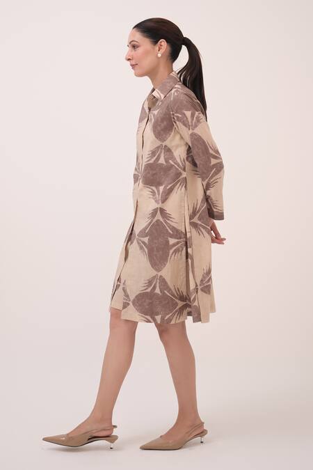 Buy Ruchi Marodia Beige Cotton Collared And Brown Leaf Print Dress Online at Aza Fashions Buy_Ruchi Marodia_Beige Cotton Collared And Brown Leaf Print Dress _Online_at_Aza_Fashions