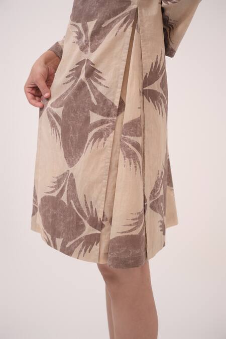 Shop Ruchi Marodia Beige Cotton Collared And Brown Leaf Print Dress Online at Aza Fashions Shop_Ruchi Marodia_Beige Cotton Collared And Brown Leaf Print Dress _Online_at_Aza_Fashions