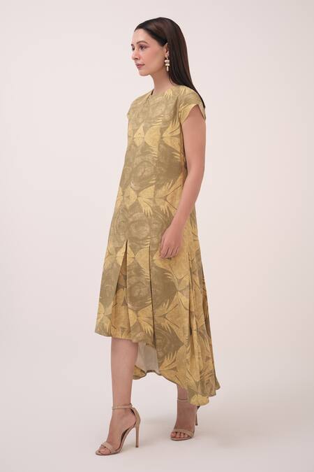 Ruchi Marodia Green Round Neck And Yellow Herringbone Midi Dress Online at Aza Fashions Ruchi Marodia_Green Round Neck And Yellow Herringbone Midi Dress _Online_at_Aza_Fashions