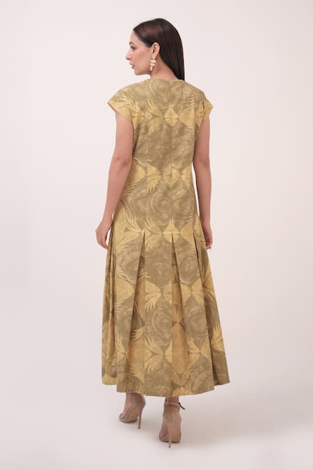 Shop Ruchi Marodia Green Round Neck And Yellow Herringbone Midi Dress at Aza Fashions Shop_Ruchi Marodia_Green Round Neck And Yellow Herringbone Midi Dress _at_Aza_Fashions