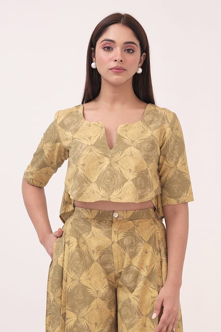 Ruchi Marodia_Yellow Round Neck Floral Print Herringbone Pant Set _Online_at_Aza_Fashions