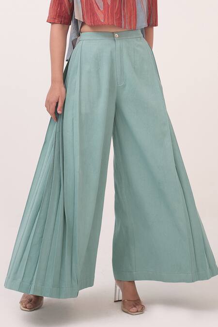 Ruchi Marodia Green Denim Pleated Palazzo Pant Online at Aza Fashions Ruchi Marodia_Green Denim Pleated Palazzo Pant _Online_at_Aza_Fashions
