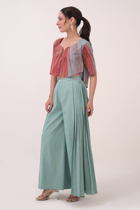 Buy Ruchi Marodia Green Denim Pleated Palazzo Pant Online at Aza Fashions Buy_Ruchi Marodia_Green Denim Pleated Palazzo Pant _Online_at_Aza_Fashions