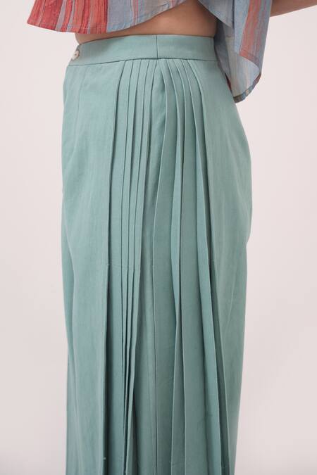 Shop Ruchi Marodia Green Denim Pleated Palazzo Pant Online at Aza Fashions Shop_Ruchi Marodia_Green Denim Pleated Palazzo Pant _Online_at_Aza_Fashions