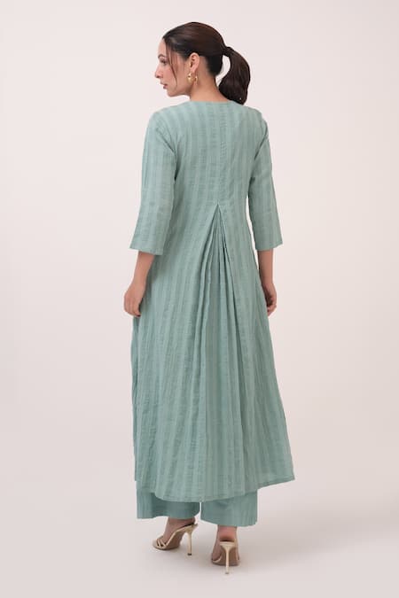 Shop Ruchi Marodia Green Cotton Embroidery V-neck Kurta And Pant Set at Aza Fashions Shop_Ruchi Marodia_Green Cotton Embroidery V-neck Kurta And Pant Set _at_Aza_Fashions