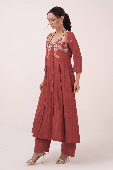 Buy Ruchi Marodia Red Cotton Embroidery V-neck Berry Kurta And Pant Set Online at Aza Fashions Buy_Ruchi Marodia_Red Cotton Embroidery V-neck Berry Kurta And Pant Set _Online_at_Aza_Fashions