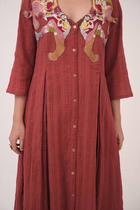 Shop Ruchi Marodia Red Cotton Embroidery V-neck Berry Kurta And Pant Set Online at Aza Fashions Shop_Ruchi Marodia_Red Cotton Embroidery V-neck Berry Kurta And Pant Set _Online_at_Aza_Fashions