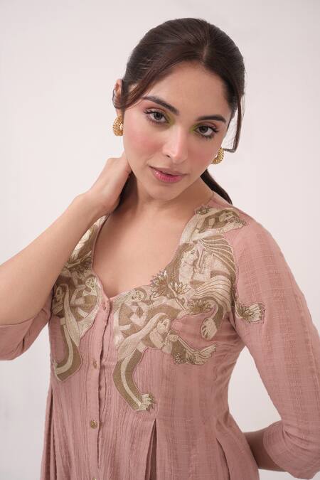 Shop_Ruchi Marodia_Pink Cotton Embroidery Round Neck Pastel Kurta And Pant Set _Online_at_Aza_Fashions