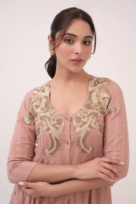 Ruchi Marodia_Pink Cotton Embroidery Round Neck Pastel Kurta And Pant Set _at_Aza_Fashions