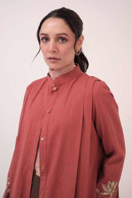 Ruchi Marodia Red Embroidery Round Neck Berry Jacket Online at Aza Fashions Ruchi Marodia_Red Embroidery Round Neck Berry Jacket _Online_at_Aza_Fashions