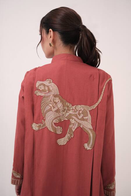 Shop Ruchi Marodia Red Embroidery Round Neck Berry Jacket Online at Aza Fashions Shop_Ruchi Marodia_Red Embroidery Round Neck Berry Jacket _Online_at_Aza_Fashions