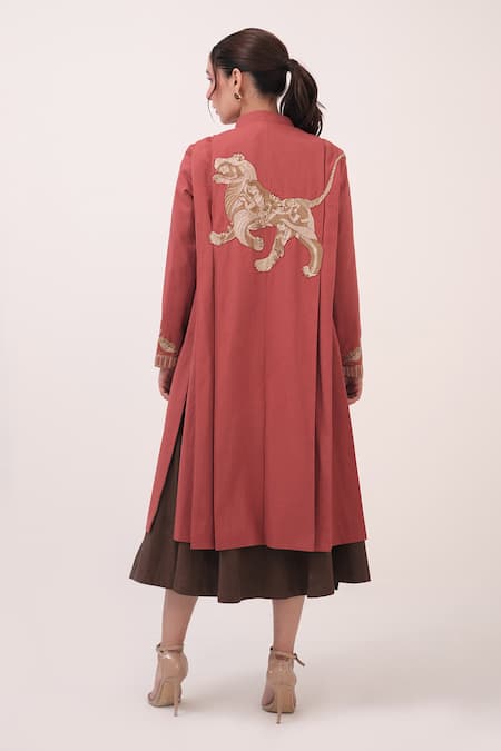 Shop Ruchi Marodia Red Embroidery Round Neck Berry Jacket at Aza Fashions Shop_Ruchi Marodia_Red Embroidery Round Neck Berry Jacket _at_Aza_Fashions