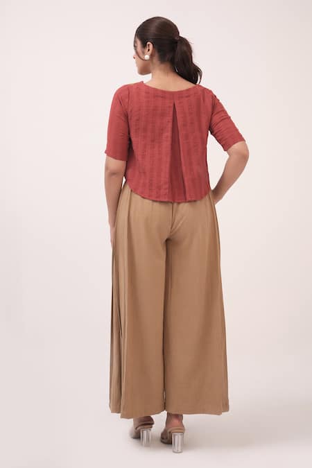 Shop Ruchi Marodia Red Cotton, Denim Embroidery Round Neck Berry Top And Ash Brown Pant Set at Aza Fashions Shop_Ruchi Marodia_Red Cotton, Denim Embroidery Round Neck Berry Top And Ash Brown Pant Set _at_Aza_Fashions