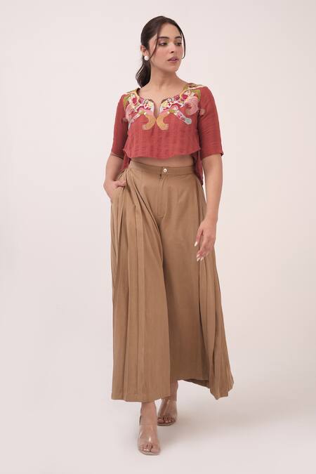 Ruchi Marodia Red Cotton, Denim Embroidery Round Neck Berry Top And Ash Brown Pant Set Online at Aza Fashions Ruchi Marodia_Red Cotton, Denim Embroidery Round Neck Berry Top And Ash Brown Pant Set _Online_at_Aza_Fashions