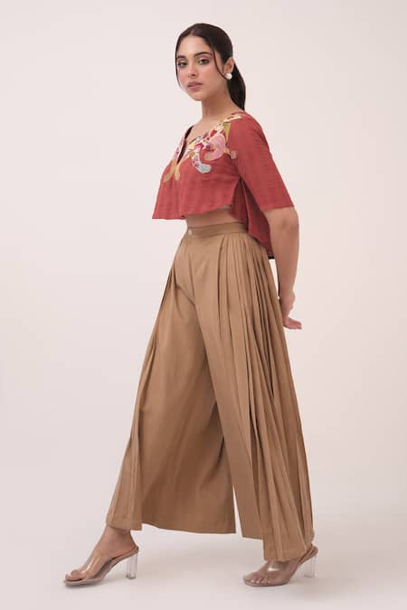 Buy Ruchi Marodia Red Cotton, Denim Embroidery Round Neck Berry Top And Ash Brown Pant Set Online at Aza Fashions Buy_Ruchi Marodia_Red Cotton, Denim Embroidery Round Neck Berry Top And Ash Brown Pant Set _Online_at_Aza_Fashions