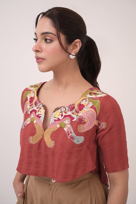 Ruchi Marodia Red Cotton, Denim Embroidery Round Neck Berry Top And Ash Brown Pant Set at Aza Fashions Ruchi Marodia_Red Cotton, Denim Embroidery Round Neck Berry Top And Ash Brown Pant Set _at_Aza_Fashions