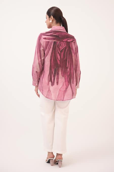 Shop Ruchi Marodia Pink Cotton Collared Mulberry Printed Shirt And Pant Set at Aza Fashions Shop_Ruchi Marodia_Pink Cotton Collared Mulberry Printed Shirt And Pant Set _at_Aza_Fashions